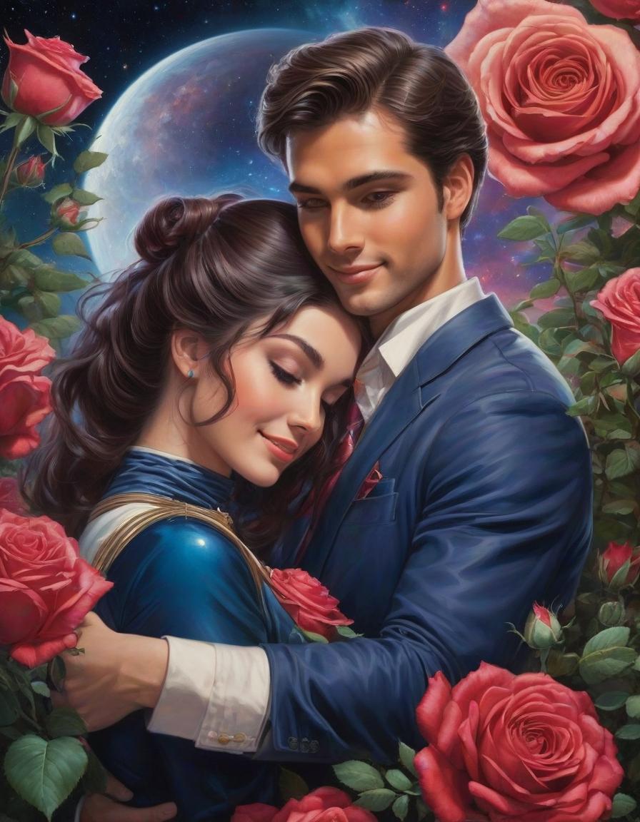  space themed portrait of a beautiful young woman with tea colored lush roses, and a handsome young man hugging her, both looking happy, hyperrealistic, in the style of james gurney, justin gerard, . cosmic, celestial, stars, galaxies, nebulas, planets, science fiction, highly detailed