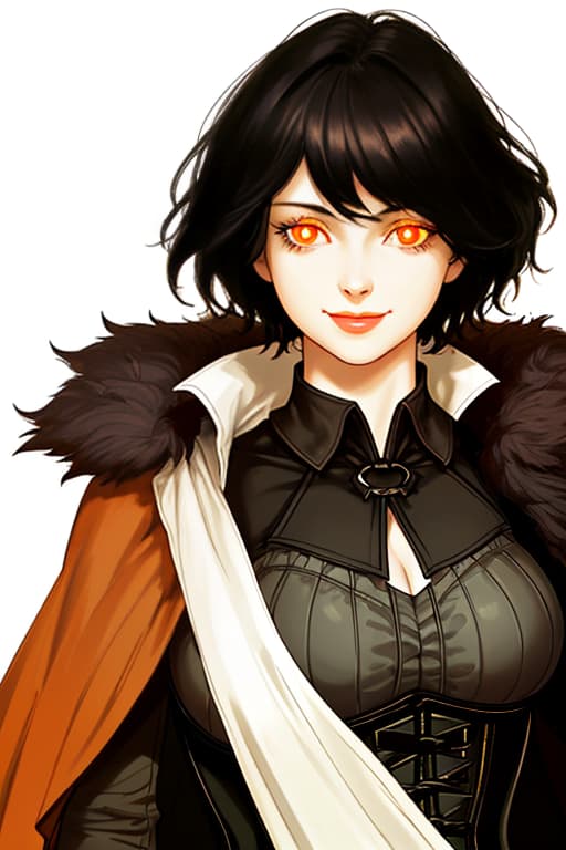  (dark shot:1.1), epic realistic, a beautiful, grown up woman, smiling cheekily. bright orange pupils. short black hair. corset. big chest dark background. on his shoulders is a fur collared cape. older., faded, (neutral colors:1.2), (hdr:1.4), (muted colors:1.2), hyperdetailed, (artstation:1.4), cinematic, warm lights, dramatic light, (intricate details:1.1), complex background, (rutkowski:0.66), (teal and orange:0.4)