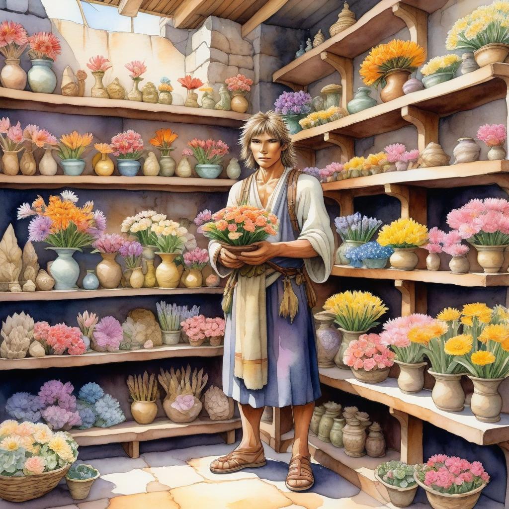  watercolour, fantasy illustration, soft colors, stone age flower shop, seller in skin clothes sells flower sculptures, against the background of shelves with different flower sculptures, traditional media, final fantasy, the warrior of light from final fantasy,