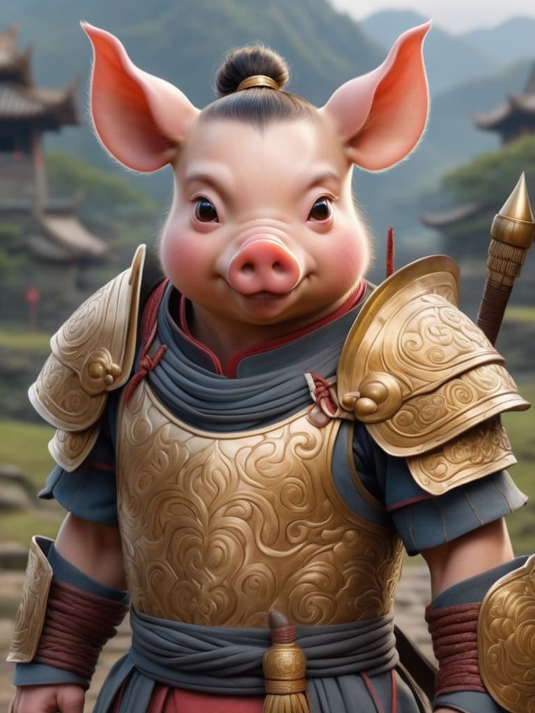  pig demon, 1 male, pig like face with tusks, solo, male focus, rotund body, traditional chinese warrior armor, portrait, small eyes, looking at viewer, realistic, slightly open mouth with visible fangs, close up, large ears, intricate shoulder armor, dark rural background, weathered skin, determined expression