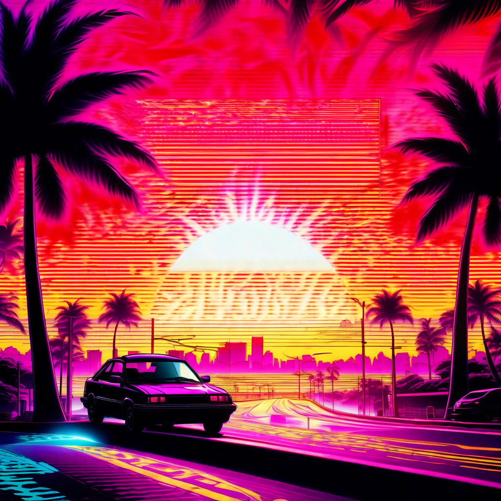  manga style retrowave sun, road, palm tree, car, billboard . vibrant, high energy, detailed, iconic, japanese comic style