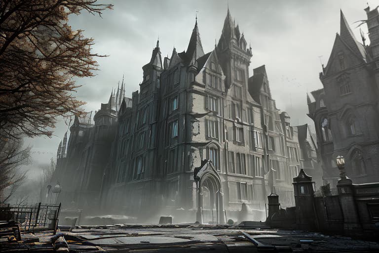 redshift style Arkham Asylum* Create a street view image of Arkham Asylum's entrance, showcasing its imposing gothic architecture, iron gates, and eerie atmosphere.