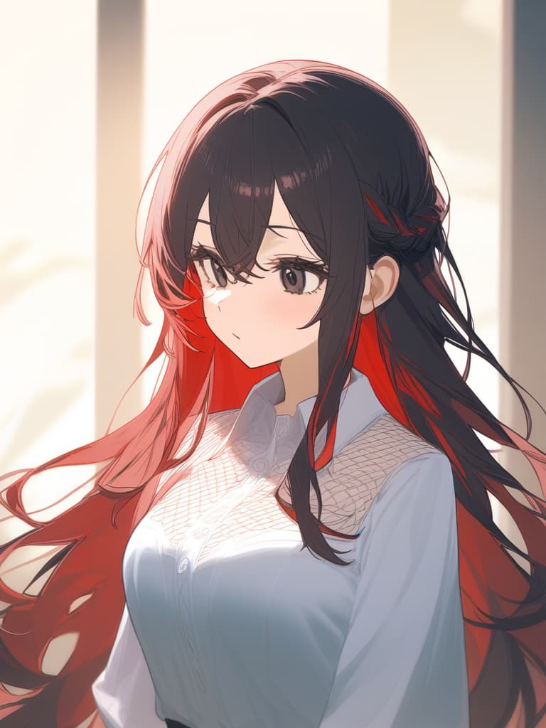  one girl, black hair black eyes, red black hair, red hair mesh, long hair, complex braid