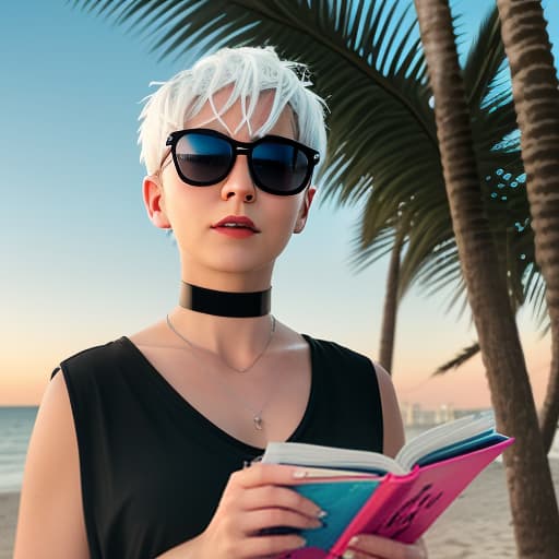  a woman with white hair, a short haircut "pixie." in sunglasses, a t shirt top, with a choker around her neck, stands against a neon sunset. in full height. in her hand holds a book. the cover says "juf." coast of the sea, shade of palm trees. digital photo. high detail. high realism.