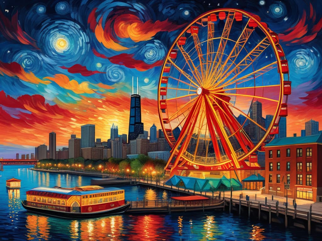  concept art chicago’s centennial ferris wheel, chicago’s navy pier, chicago skyline with prominent towers like willis, hancock, crains communication (slice building) with colorful van gogh swirls in the sky, van gogh's starry starry night with colorful red and orange swirls in the beautiful night sky, hyper realistic, chicago skyline, mesmerizing, intricate details, flambient golden and red sunrise, dramatic lighting, epic composition, wide angle, cinematic, masterpiece, high resolution, sharp details, best quality, 4k, raw photo, van gogh influence, studio lighting, impressionist, bold colors, starry sky, architectural elements, medium format lens, high angle, cityscape, city life, metropolitan, van gogh's brushstrokes, van gogh's shad