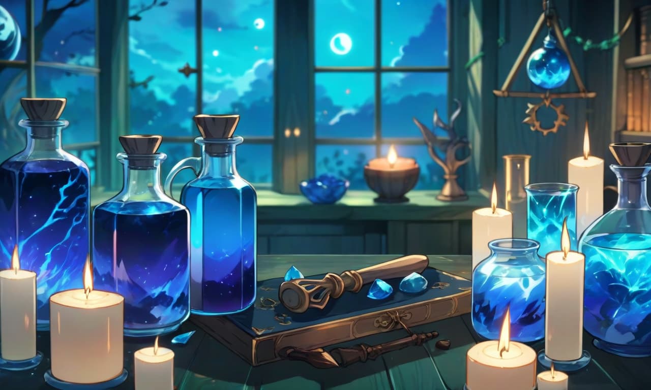  anime artwork the witch's alchemical table. blue hues. gloomy atmosphere. view horizontally . anime style, key visual, vibrant, studio anime, highly detailed