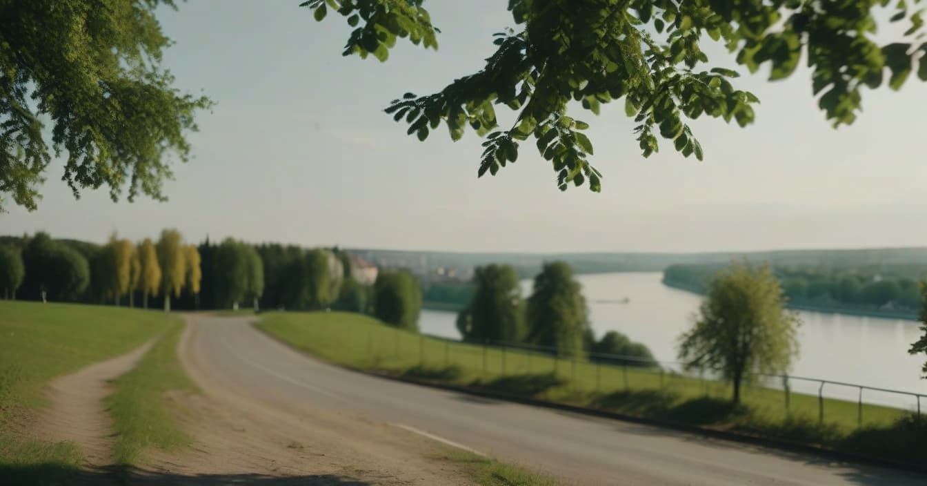  cinematic photo realistic landscape on a hill, a metropolis in the distance, a linden tree on the left and a linden tree on the right, a sunny summer day, a wide angle camera, a park, a lake reflects trees, cinematic . 35mm photograph, film, bokeh, professional, 4k, highly detailed