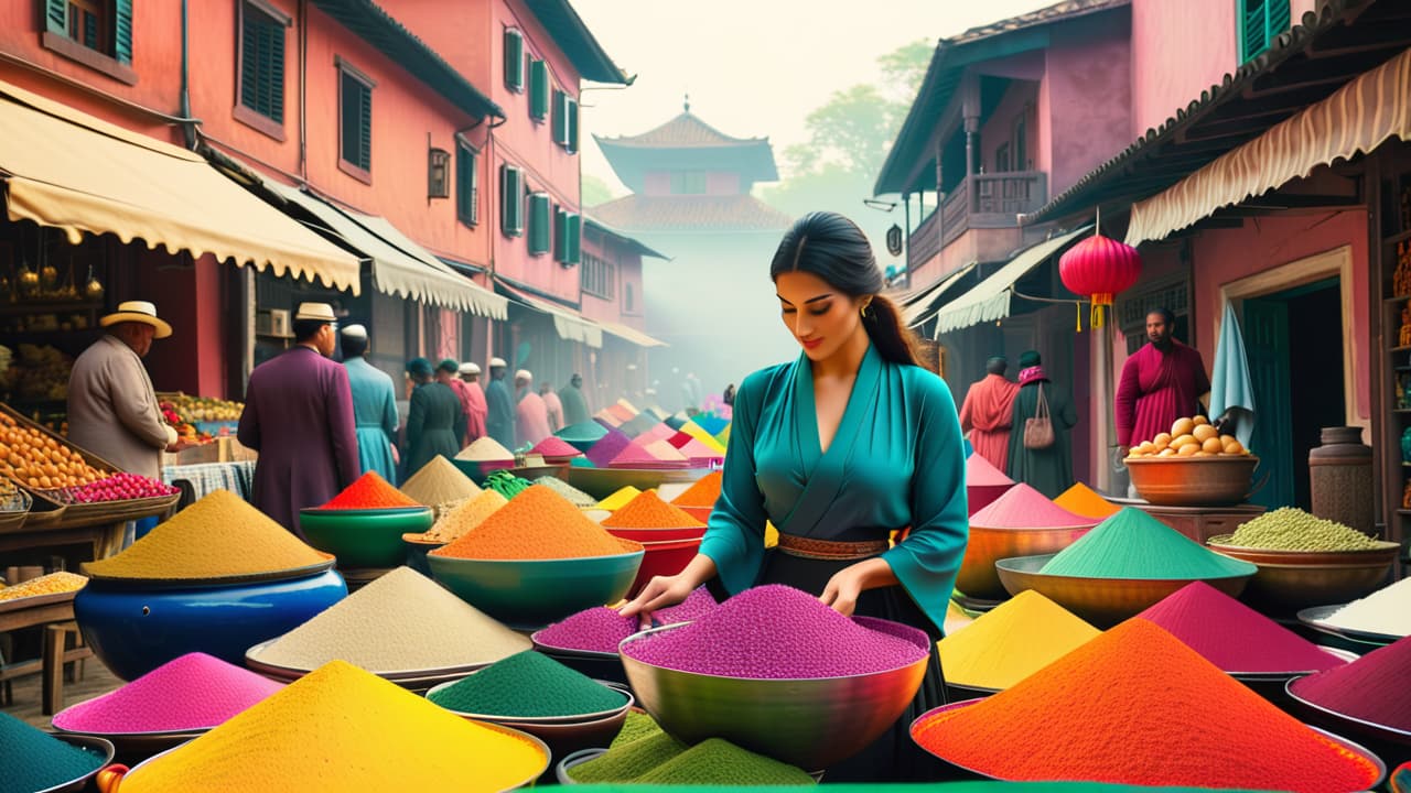  a vibrant market scene showcasing traditional crafts, colorful textiles, and local cuisine, set against a backdrop of ancient architecture and diverse cultural symbols, inviting visitors to explore the rich heritage of various cultures. hyperrealistic, full body, detailed clothing, highly detailed, cinematic lighting, stunningly beautiful, intricate, sharp focus, f/1. 8, 85mm, (centered image composition), (professionally color graded), ((bright soft diffused light)), volumetric fog, trending on instagram, trending on tumblr, HDR 4K, 8K