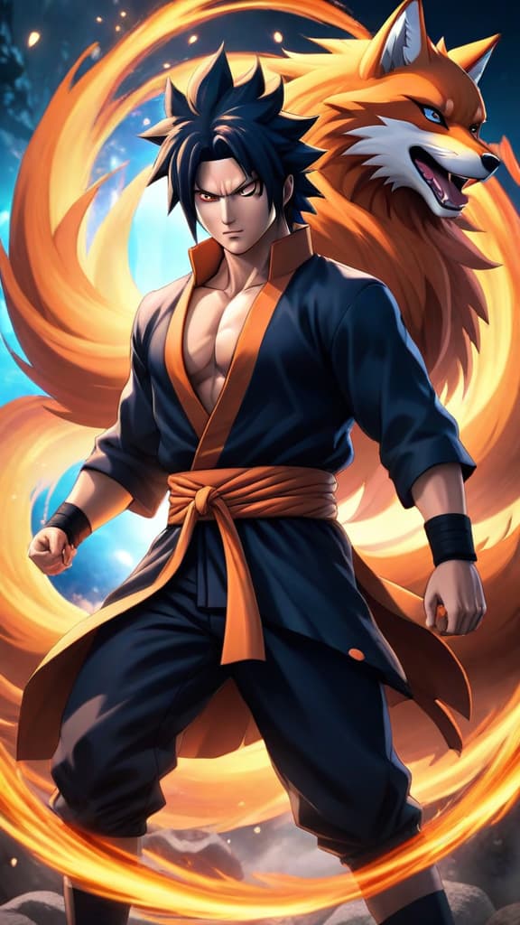  sasuke from naruto wrestling with the immense power of kurama, the nine tails fox, in the shadows, anime art hyperrealistic, full body, detailed clothing, highly detailed, cinematic lighting, stunningly beautiful, intricate, sharp focus, f/1. 8, 85mm, (centered image composition), (professionally color graded), ((bright soft diffused light)), volumetric fog, trending on instagram, trending on tumblr, HDR 4K, 8K