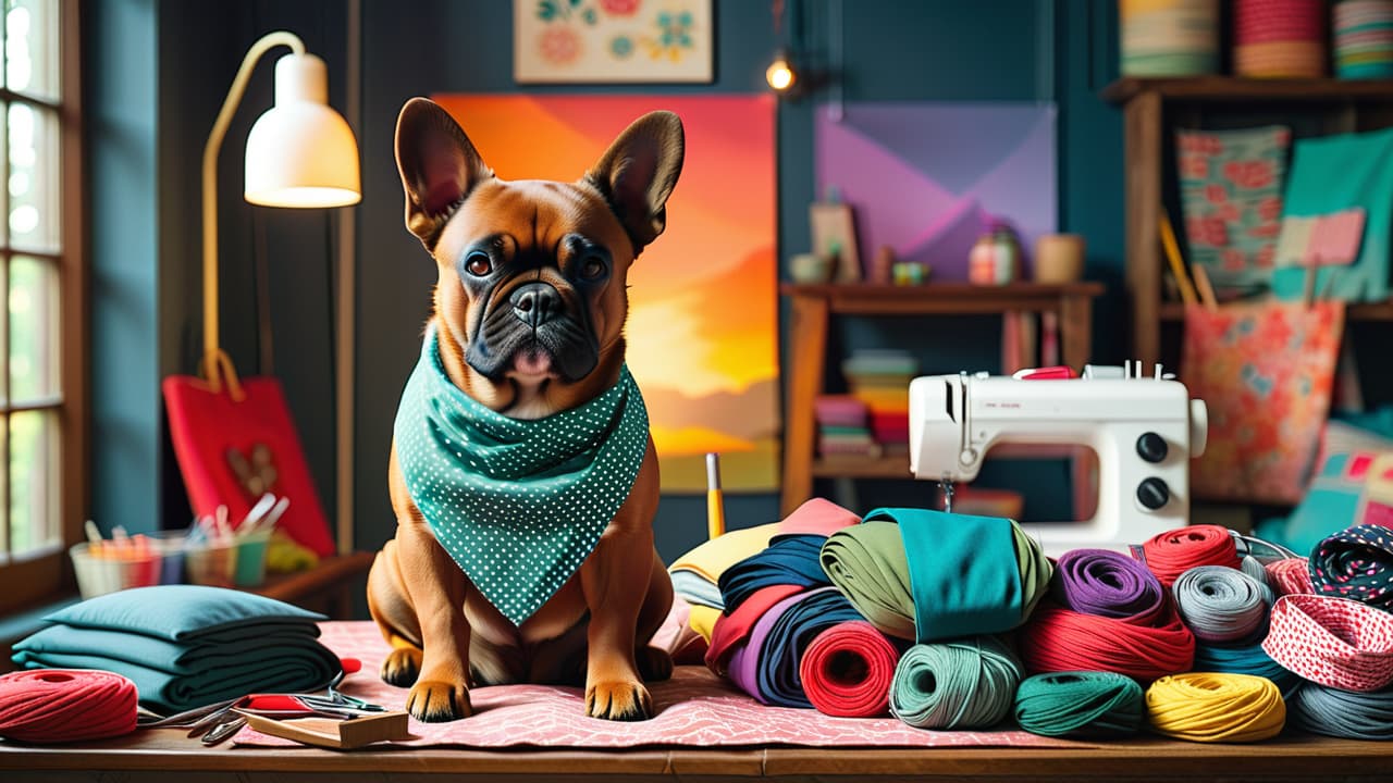  a vibrant workspace filled with colorful fabrics, scissors, and sewing supplies. a table showcases transformed clothing items: a patchwork tote bag, a stylish cushion, and a trendy dog bandana, surrounded by creative chaos. hyperrealistic, full body, detailed clothing, highly detailed, cinematic lighting, stunningly beautiful, intricate, sharp focus, f/1. 8, 85mm, (centered image composition), (professionally color graded), ((bright soft diffused light)), volumetric fog, trending on instagram, trending on tumblr, HDR 4K, 8K