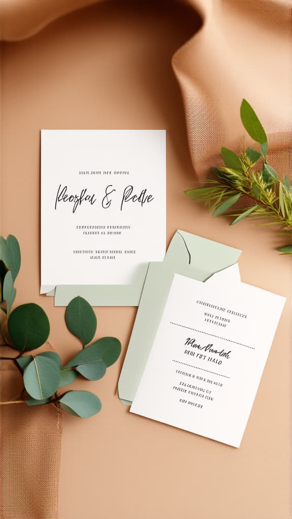  flat lay mockup wedding invitation set with eucalyptus and fabric on the beige background ar 9:16 {prompt}, maximum details