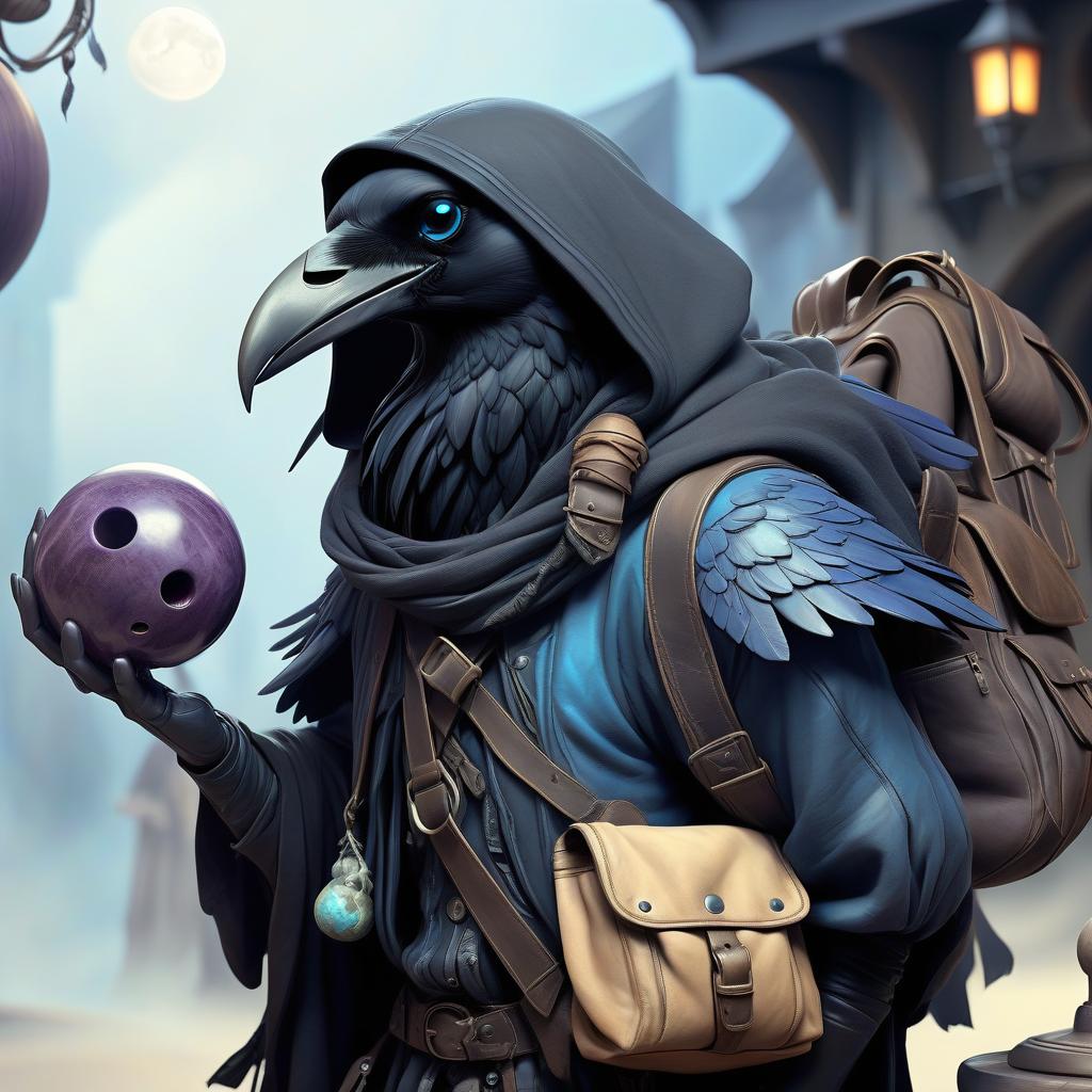  ethereal fantasy concept art of black with blue tint humanoid with raven head alchemist, rags and leather cloak with lots of pockets, tourist back pack bag with pockets, bowling ball in hand . magnificent, celestial, ethereal, painterly, epic, majestic, magical, fantasy art, cover art, dreamy