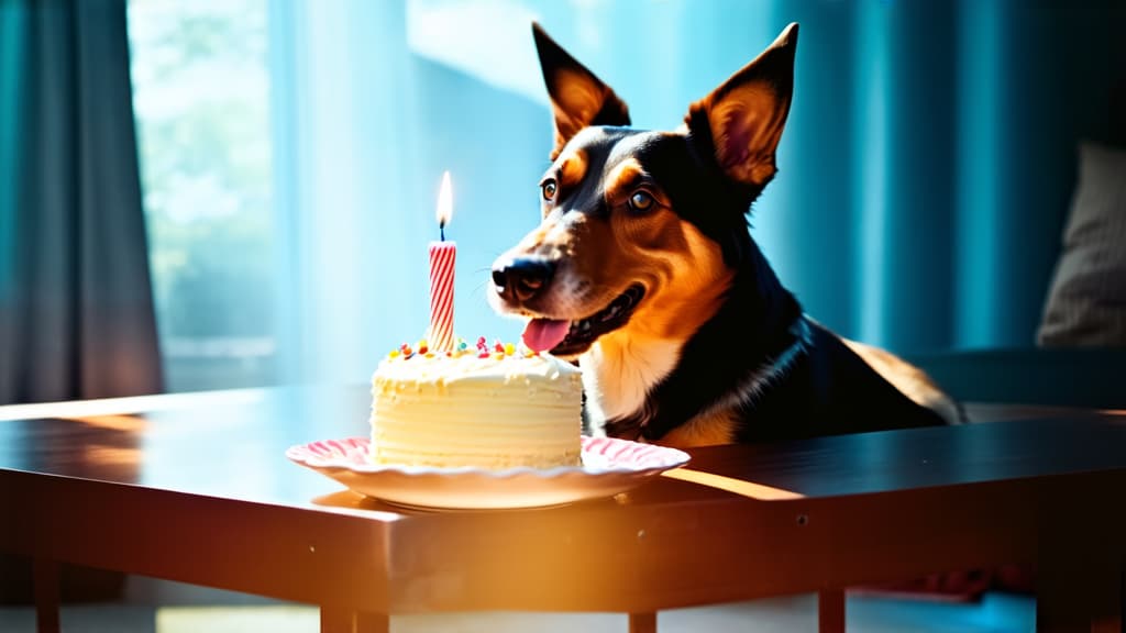  cinematic film style, happy dog ​​celebrates birthday with cake ar 16:9, shallow depth of field, vignette, maximum details, high budget hollywood movie, bokeh, cinemascope, moody, epic, gorgeous, sun rays and shadows on furniture and surfaces, flattering light, raw photo, photography, photorealistic, 8k resolution, f1.4, sharpened focus, sharp focus