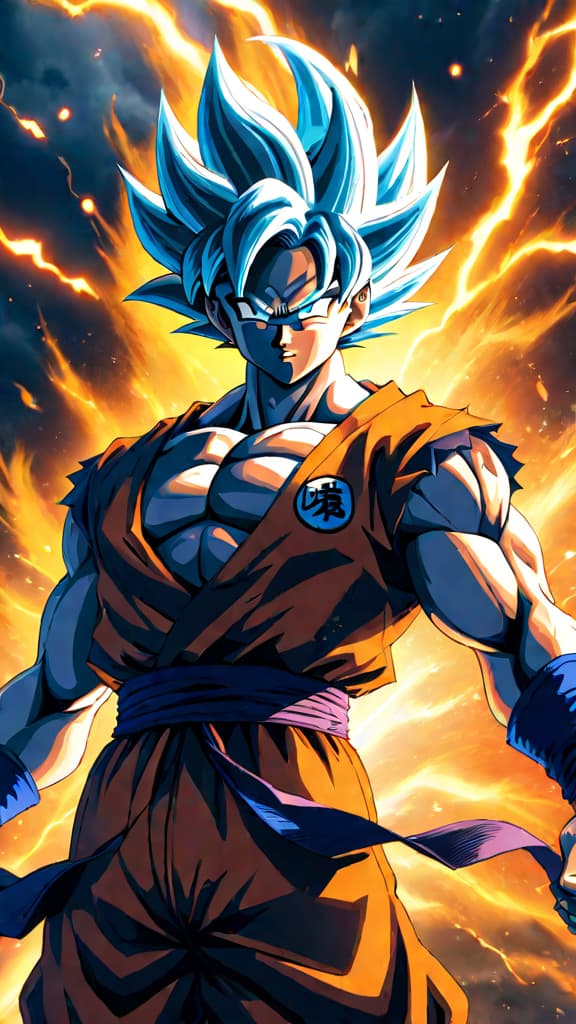  anime art: goku's power surges, transforming from super saiyan to ultra instinct in dragon ball z. hyperrealistic, full body, detailed clothing, highly detailed, cinematic lighting, stunningly beautiful, intricate, sharp focus, f/1. 8, 85mm, (centered image composition), (professionally color graded), ((bright soft diffused light)), volumetric fog, trending on instagram, trending on tumblr, HDR 4K, 8K