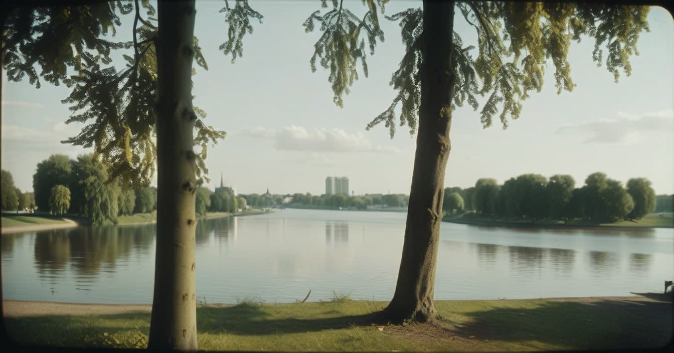  analog film photo realistic landscape, metropolis in the distance, left linden tree and right linden tree, sunny summer day, wide angle camera, park, lake reflects trees, cinematic, bottom view . faded film, desaturated, 35mm photo, grainy, vignette, vintage, kodachrome, lomography, stained, highly detailed, found footage