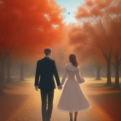  back view of a couple walking in the park　holding hands　they are staring at each other　fallen leaves are fluttering　autumn scenery　autumn leaves