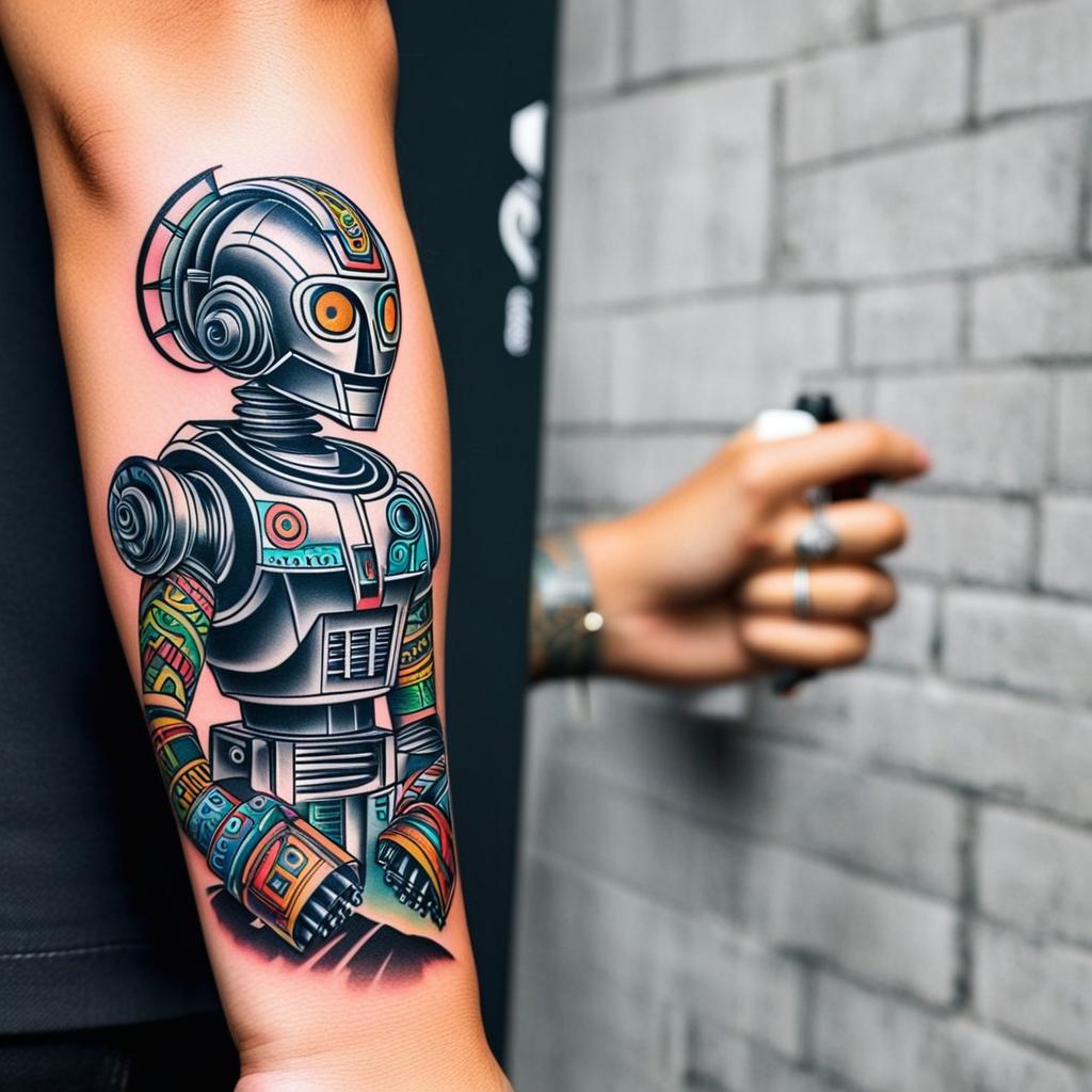  robotic arm, tacos, mexico, mayan culture, (tattoo), (sleeve tattoo design on the arm)