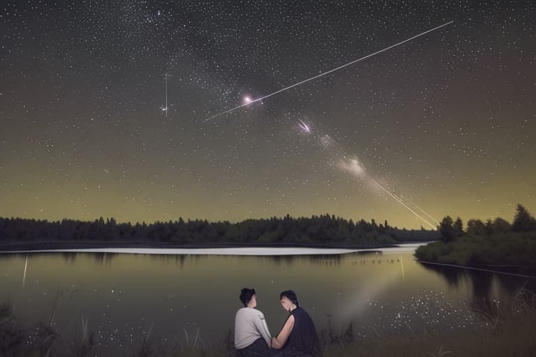  “A night scene showing two separate locations connected by a shared meteor shower. In one part of the image, a young man lies in a grassy field surrounded by a forest, gazing up at the meteor shower. In another part of the image, a young woman sits by the riverbank in a different country, also watching the meteor shower. The starry night sky stretches across both scenes, symbolizing the unspoken love between them. Reflections of the meteors are visible in the river, and the overall atmosphere is one of quiet, unexpressed feelings of love.”