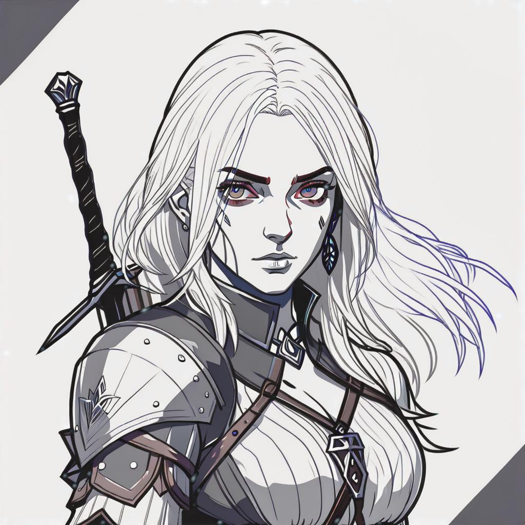  line art drawing witcher girl, same nightmare. anime style . professional, sleek, modern, minimalist, graphic, line art, vector graphics