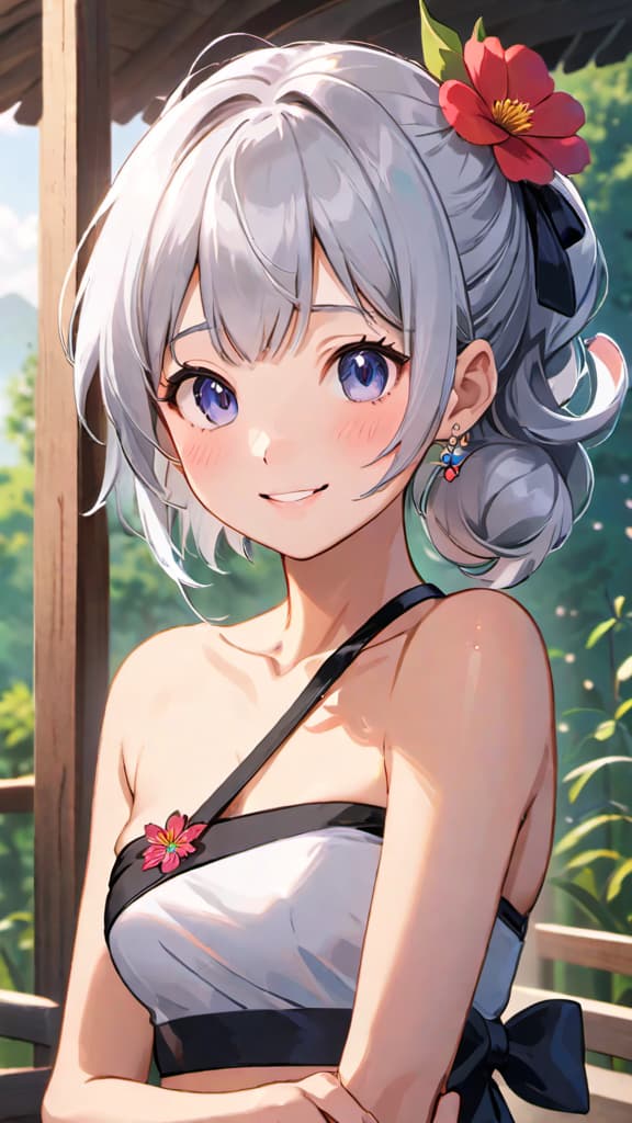  1,smile,silver hair,cow shot,sweet , 1, hair, hair ornament, , tattoo, flower tattoo, arm tattoo, with no clothes, black sash, ((hadanugi dousa)),(single bare shoulder), upper body, outdoors,Real skin texture, real photos, realistic, mirrors, busts,Flower tattoo, official art, grand art,best quality, high quality,