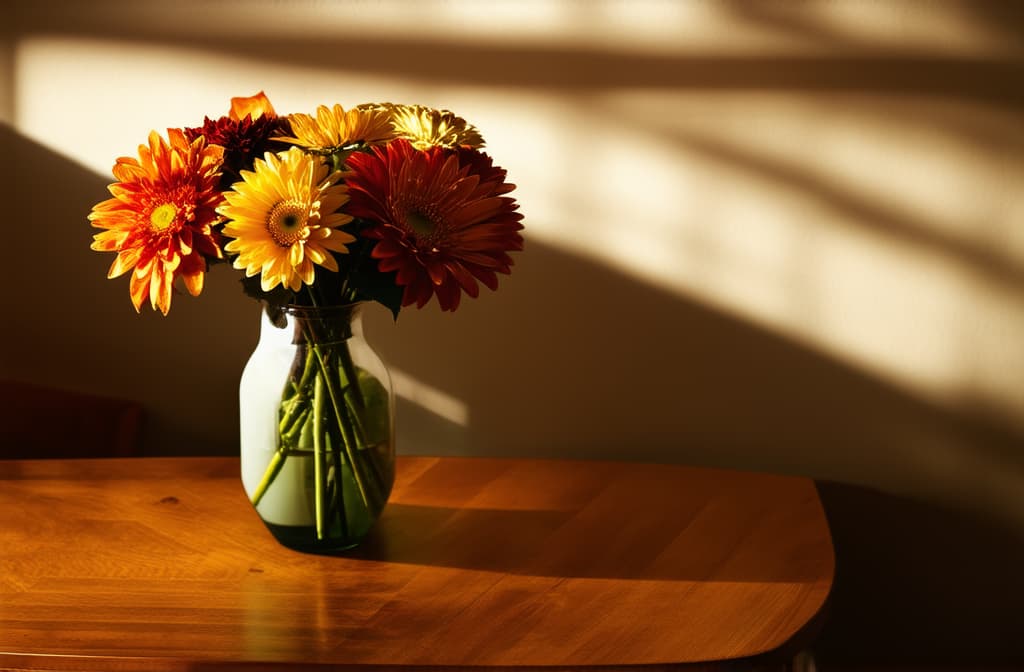  cinematic film style, autumn bouquet of flowers in vase to the left side of image over wooden table with space for text to the right side ar 3:2, shallow depth of field, vignette, maximum details, high budget hollywood movie, bokeh, cinemascope, moody, epic, gorgeous, sun rays and shadows on furniture and surfaces, flattering light, raw photo, photography, photorealistic, 8k resolution, f1.4, sharpened focus, sharp focus