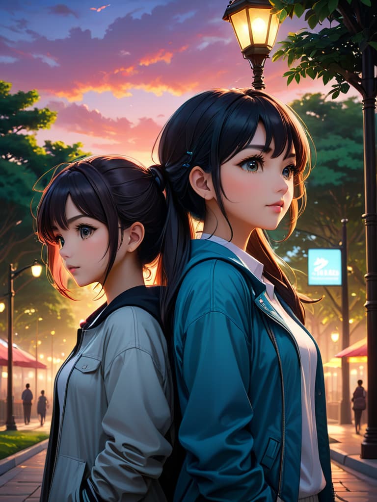  two girls, standing back to back, one looking down anxiously, the other gazing up gratefully, quiet city park at dusk, glowing streetlights, soft breeze, warm sunset hues, detailed expressive faces, realistic, dynamic lighting, contemplative mood, highly detailed, beautiful texture, subtle wind, nikon d850, rich colors, lifelike texture, cinematic atmosphere, artstation trending, anime artwork, anime style, key visual, vibrant, studio anime, highly detailed