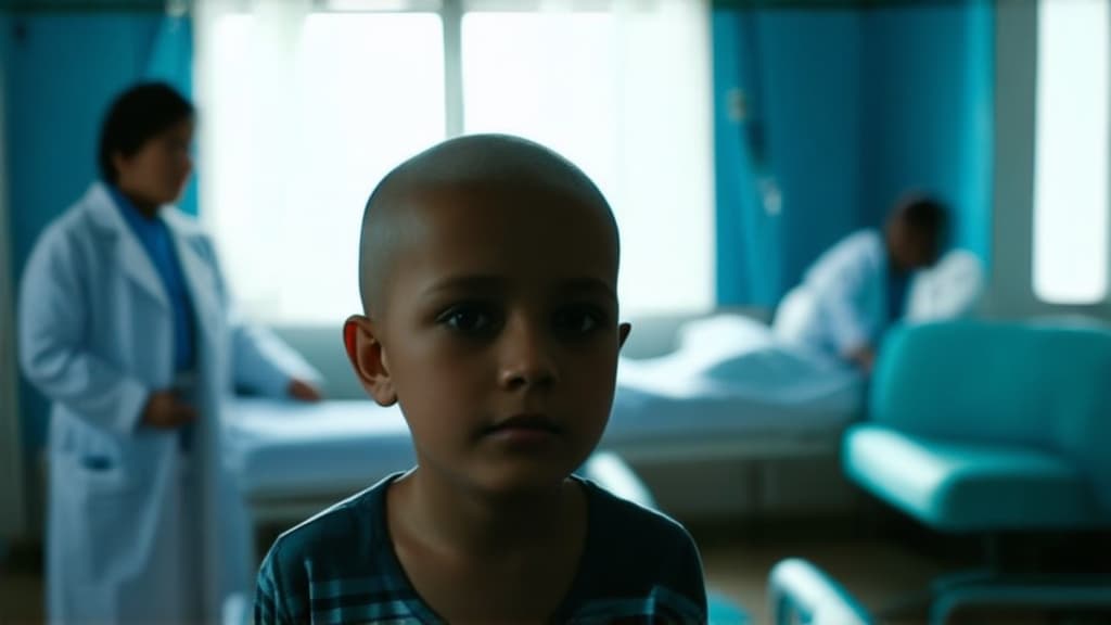  cinematic film style, a little boy without hair, in a hospital ward. in the background, doctors are blurred. ar 16:9, shallow depth of field, vignette, maximum details, high budget hollywood movie, bokeh, cinemascope, moody, epic, gorgeous, sun rays and shadows on furniture and surfaces, flattering light, raw photo, photography, photorealistic, 8k resolution, f1.4, sharpened focus, sharp focus