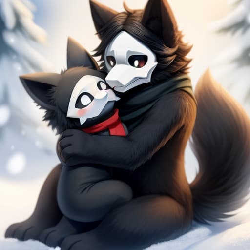  Puro And SCP-1471, Sitting on other, big fluffy tails, scarf, hug, cute, Puro with brown fur, snow eviroment, florest background, fluffy body, kemono style, open eyes, masterpiece, 4k, fine details,