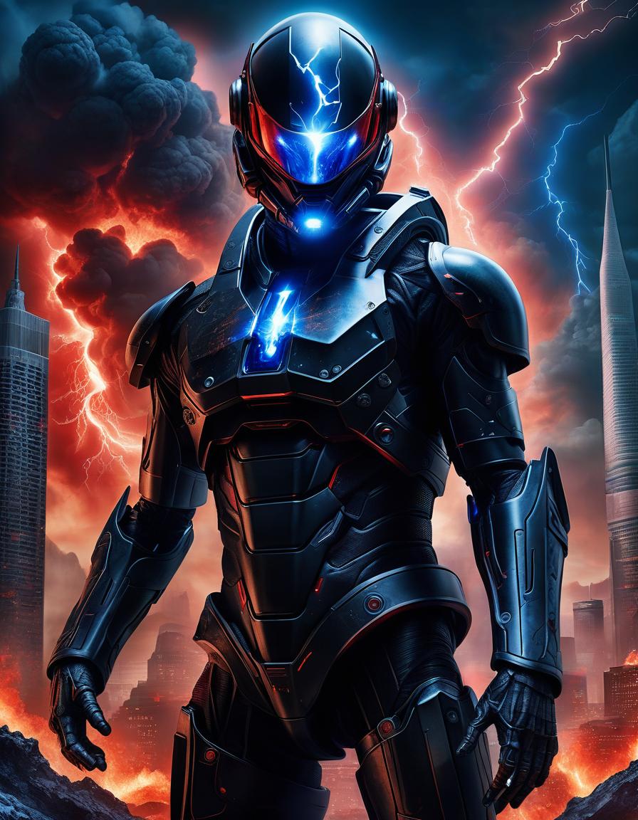  book cover: a man in a black exoskeleton wearing a helmet, standing with his arms crossed over his chest. very detailed and detailed model. the confrontation of red fire and blue lightning. background, an alien city