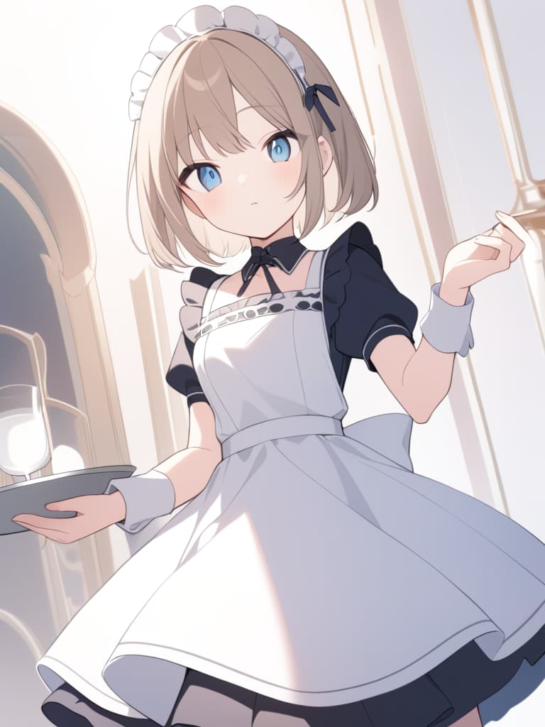  a cute maid with short,bronze colored hair styled in a bob cut and striking blue eyes. she wears a classic maid uniform with a black and white dress,a frilly apron,and a delicate lace headband.her eyes sparkle with a friendly yet slightly mischievous expression,as she holds a silver tray gracefully in one hand. the lighting softly highlights her features,giving her an almost doll like appearance. her surroundings are a cozy,elegant room with warm tones,and the image is rendered in ultra high resolution,capturing the fine details of her outfit and expression.