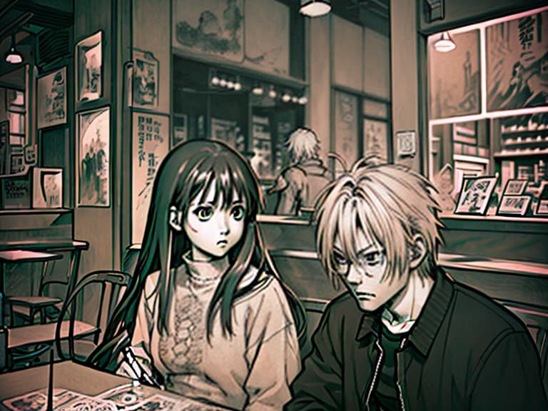  a man with a girl in a cafe during the apocalypse, concept art, illustrative, in color, digital artwork, highly detailed., sketch, manga sketch, pencil drawing, black and white, manga, manga style, low detail, line art, vector art, monochromatic, by katsuhiro otomo and masamune shirow and studio ghilibi and yukito kishiro