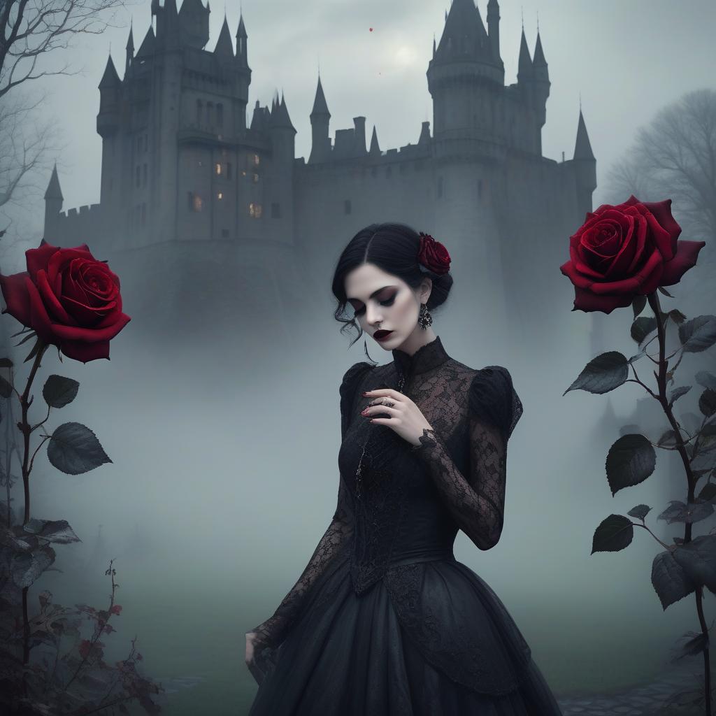  a gothic styled woman holds a rose to her nose against a misty castle backdrop, exuding mystery and elegance. a gothic woman with dark, styled hair leans in to touch a black rose with deep red accents, her eyes closed in contemplation. she wears intricate lace attire, complete with lavish earrings. the background features a misty, ethereal landscape with faint, shadowy castle silhouettes, enveloped in greenish hues, enhancing the mysterious atmosphere.