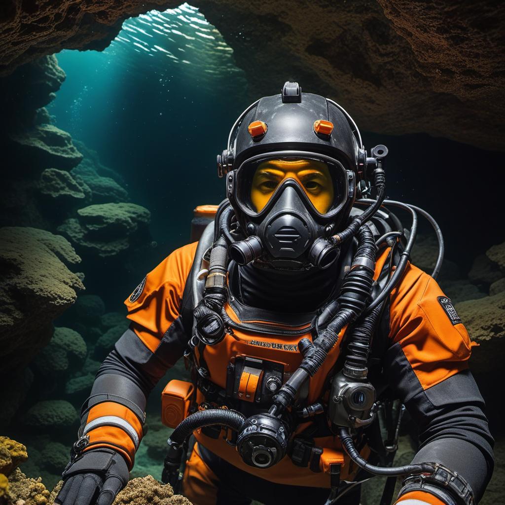  jb name, male, rebreather diver, thick loops, helmet in orange, cave diver, underwater, face view diver, fresh water, shoulder view, jb, cyberpunk style