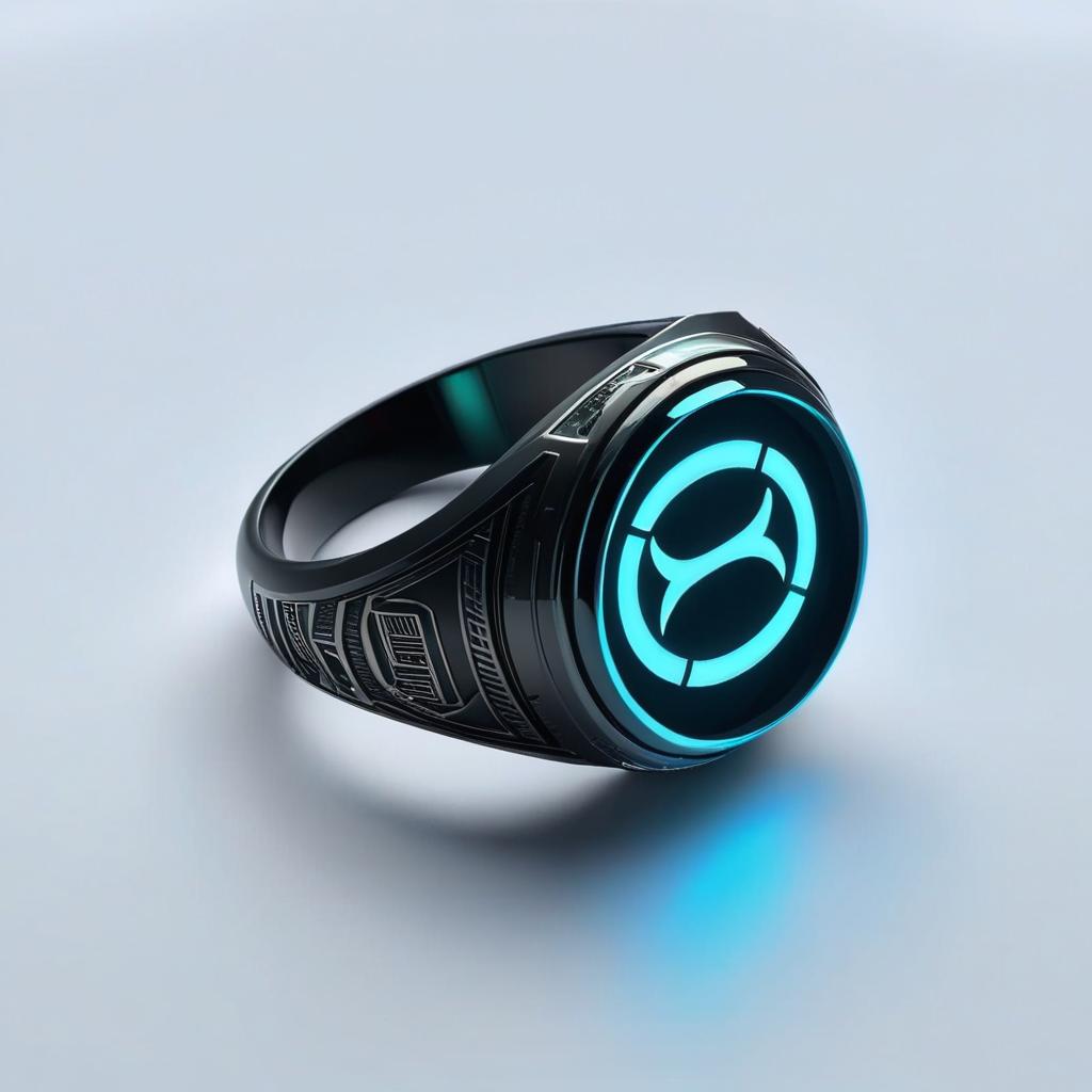  custom glowing ring with cyberpunk theme in the background and make the ring center of attention with as much detail as possible, (logo), advanced, high tech, sleek, sci fi, abstract, digital elements, metallic, neon colors, progressive