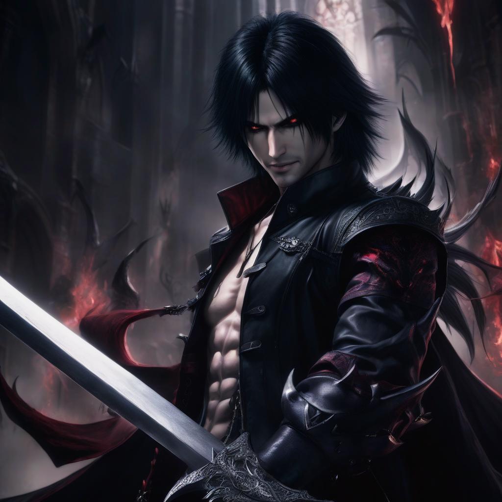  dante devil may cry in dark fantasy dark colors with black hair very pure white skin very crazy smile big black eyes long black hair big demonic sword gothic outfit face focus