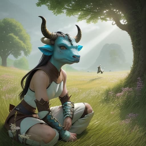  young, loli, 80's fantasy art, A young Dragonborn monk hidden in tall grass, observing a formidable dairy cow in a meadow. The cow, Moo Nieu, is performing martial arts forms with a calm and intense presence. The scene is serene, with wildflowers and sunlight filtering through the trees, illuminating the graceful movements of the cow. The Dragonborn is crouched low, blending into his surroundings, watching intently.