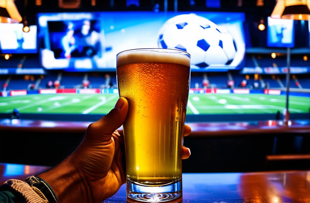  professional detailed photography, beer glass in hand against the background of a sports bar with football broadcast ar 3:2, (muted colors, dim colors, soothing tones), (vsco:0.3)