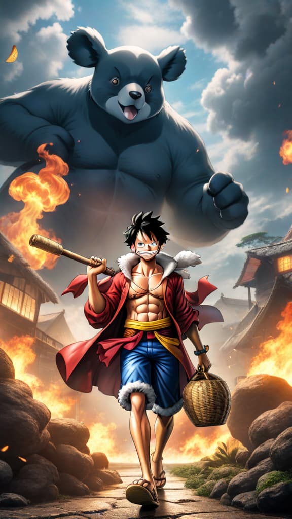  luffy from one piece joining the revolutionary army, causing chaos with sabo and koala in anime art hyperrealistic, full body, detailed clothing, highly detailed, cinematic lighting, stunningly beautiful, intricate, sharp focus, f/1. 8, 85mm, (centered image composition), (professionally color graded), ((bright soft diffused light)), volumetric fog, trending on instagram, trending on tumblr, HDR 4K, 8K