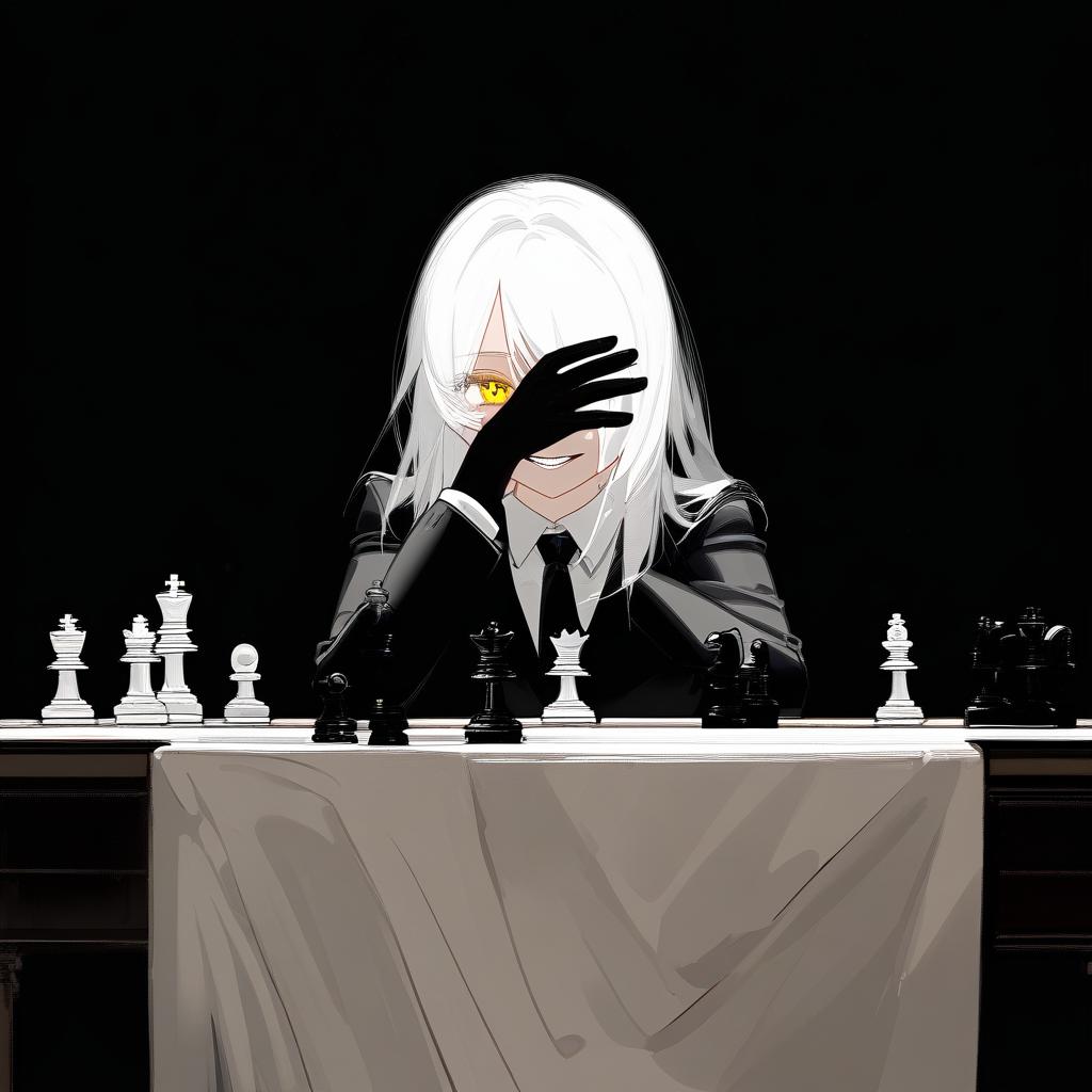  long white hair anime woman with shadows completely concealing face with the exception of evil empty white teeth smile on her face and only a hardly visible singular yellow eye, leaning on one hand with arrogance,jet black suit, black tie, sitting in front of a table with a chess set on it, no visible facial features due to blackness covering face full of shadows on face . best quality, high resolution