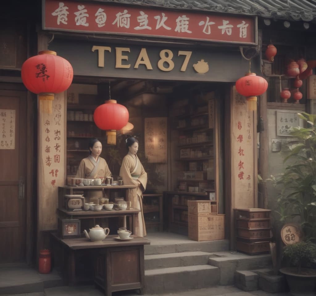  chinese town, tea store, tea ceremony, sign text “tea875”, epic foto, 4k