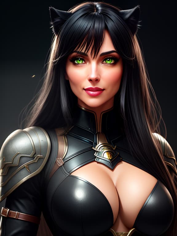  a cute schief woman (semi lived, panther), low growth, wheat, practically black, hair that pops into a tight, fat coin. the skin is covered with soft, dark, smooth hair. there's a bit of a spit, like a cat, nose. she's wearing a leather armor. strict, bright, express chest. eyes of green colour, cunning, even with notes of disgrace. on your lips, playing smile hyperrealistic, full body, detailed clothing, highly detailed, cinematic lighting, stunningly beautiful, intricate, sharp focus, f/1. 8, 85mm, (centered image composition), (professionally color graded), ((bright soft diffused light)), volumetric fog, trending on instagram, trending on tumblr, HDR 4K, 8K