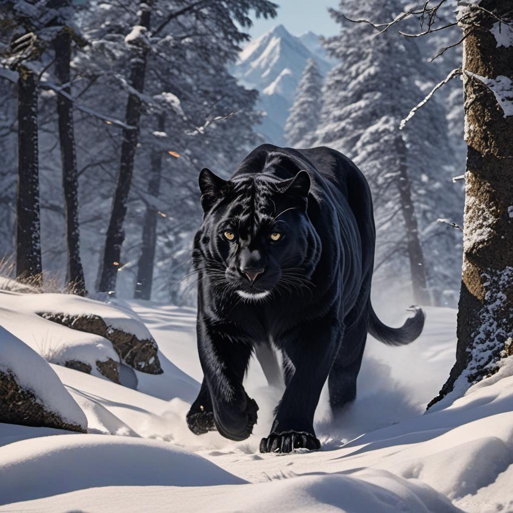  a black panther is on its way to the mountains you see him from behind and he turns his looks back into your eyes, mythological style