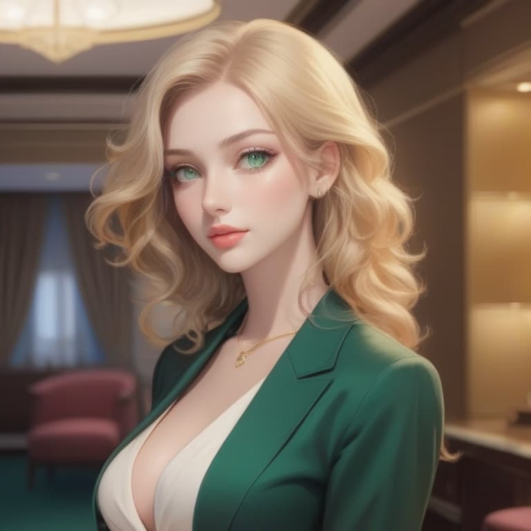   old waif like model, green eyes, full lips, thin face, curly blonde hair, , wearing business attire at a fancy hotel, open shirt showing her medium s