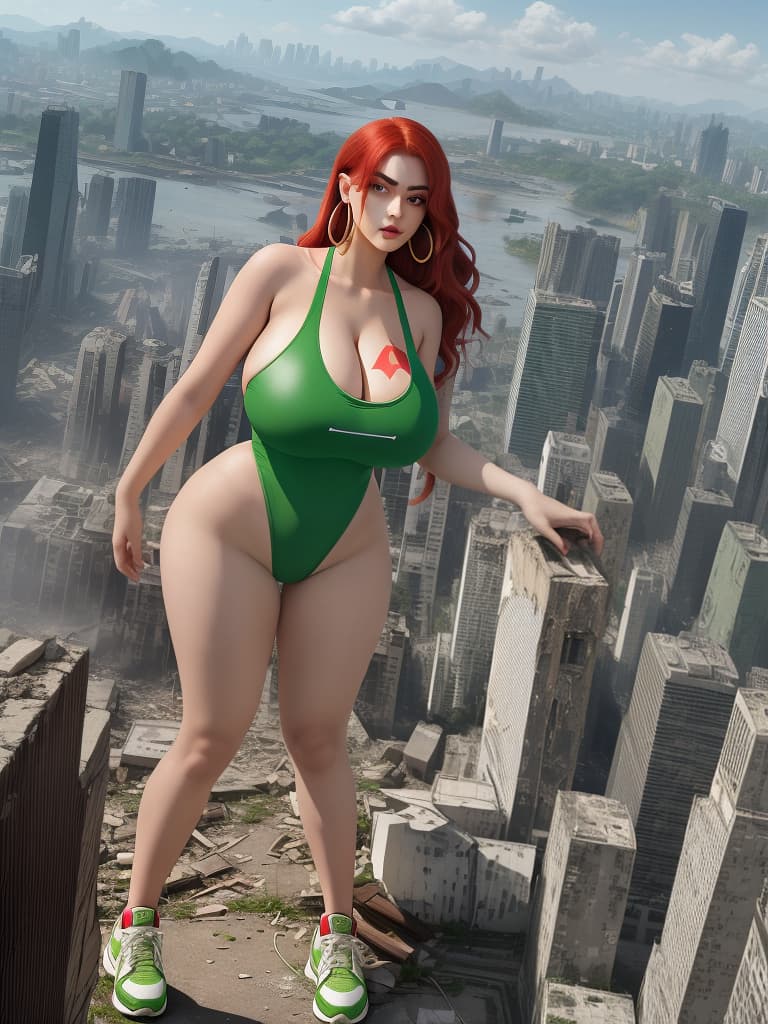  masterpiece, best quality, a giantess with arched eyebrows and a smirk, wearing a green solid color one piece with high cut legs and side , stands among the destruction of a city. her huge s and wide hips contrast with her sneakers, hoop earrings, and long red hair. the cracks on the ground emphasize her mive size as she looks down with her golden eyes at the crushed buildings below. the aerial view captures the full body of the in 8k resolution, creating a best quality masterpiece of destruction and power. (photography, dramatic lighting, high resolution camera settings)