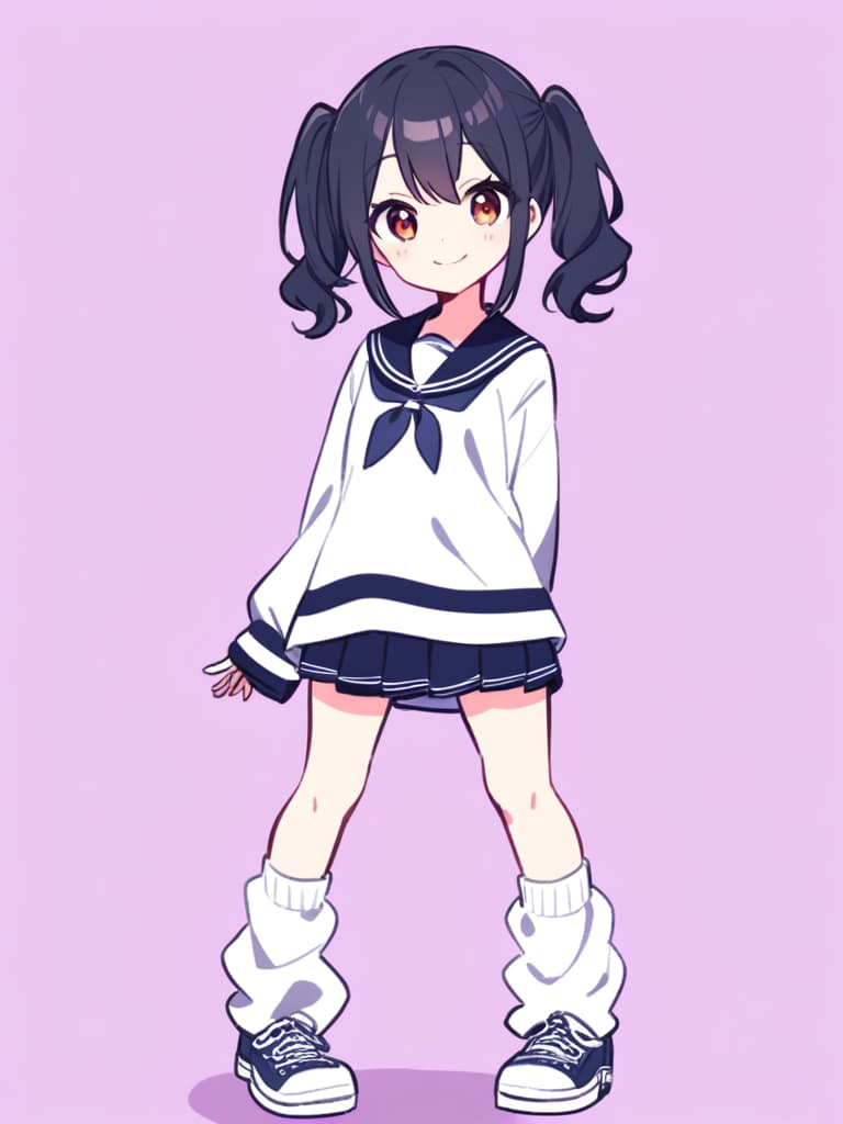  junior high s, sailor uniforms, twin tails, cute smiles, ultra long loose socks, bottom sneakers, whole body, ,