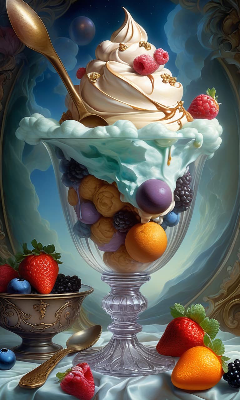  nautical themed digital art, (double exposure:1.3). multi colored balls of creamy ice cream in elegant crystal vase ((cream: 1.5) with (frost effect: 1.5)) with an orange slice, wafer pieces, chocolate chips, strawberries, blueberries, blackberries, raspberries, a mint leaf, a cinnamon stick, a smoky fractal, an elegant silver spoon. effectmagic, mysticism, fairy tales, in the environment of fantasy art, arabesques, sparkle, a splash of fantasy, unearthly lighting effects, a breathtaking color palette, extremely detailed, in high resolution 10k. surrealism, realism, fantasy, baroque, renaissance. imagination and skill. in the manner of julia dillon, van gogh, salvador dali, mika asai, alfons mucha, robert bateman, thomas kinkade, fragonard.