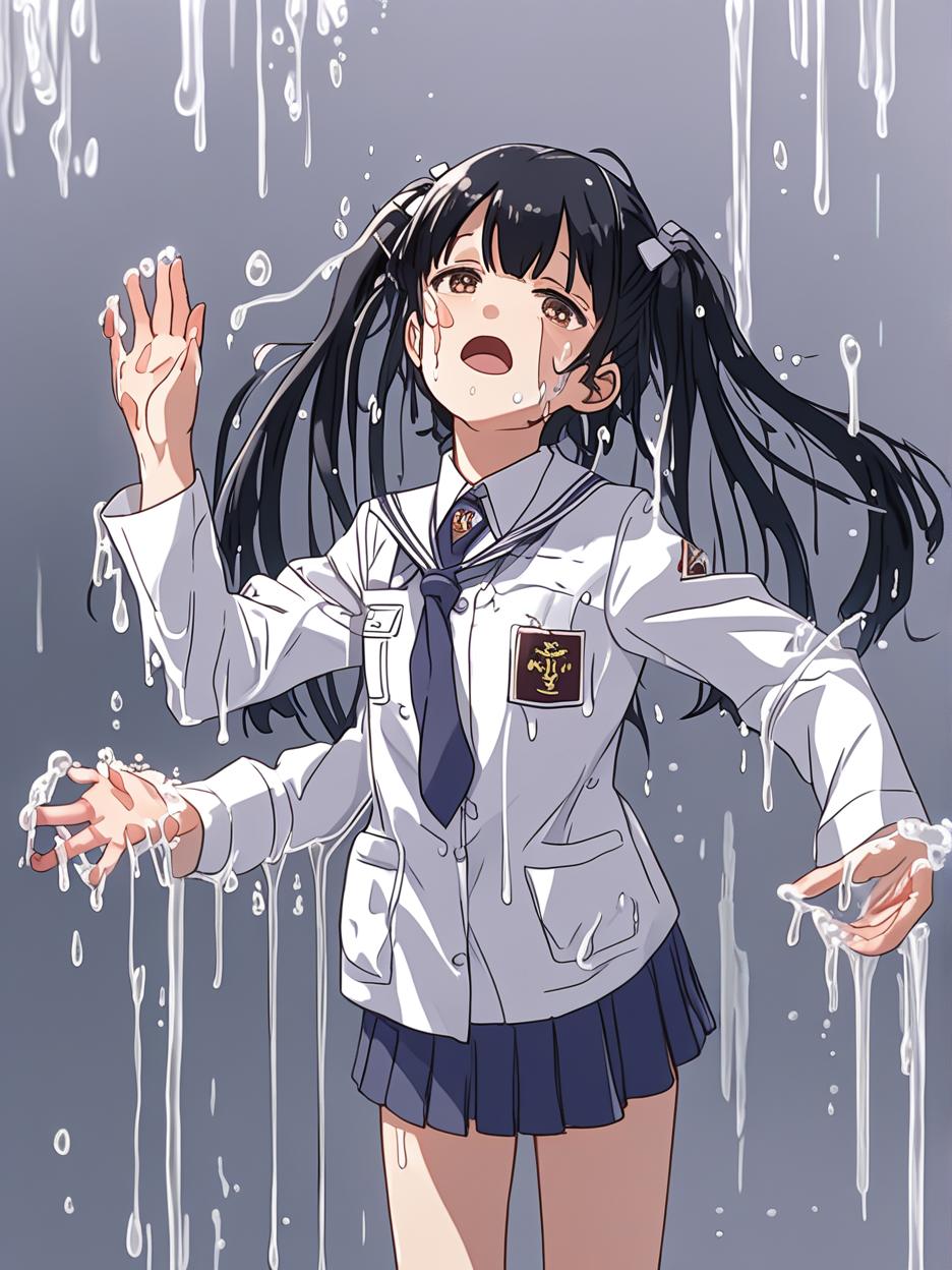  best quality, hd, with black hair in twintails wearing an elementary uniform floating in a void, she has a hand sticking out of her head, and two extra arms sticking out of her two regular arms. she is barefoot. there's white liquid oozing from her left eye and mouth