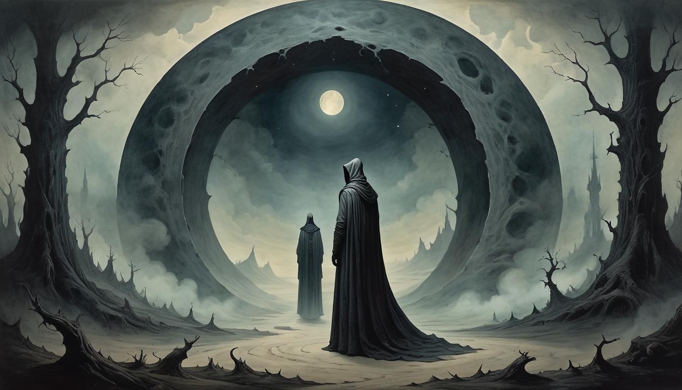  on parchment, surrealism+++, a figure standing in the center of a dark, hollowed out world, light barely illuminating their form, sense of loss and emptiness, ethereal atmosphere(mysterious, provocative, symbolic,muted color)+++