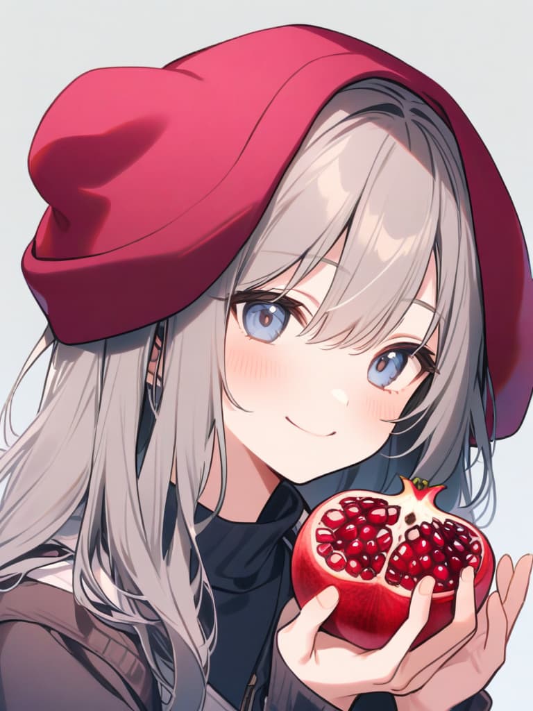  masterpiece,((( pomegranate))),eating pomegranate fruit,((( a male:1.7))),looking at,smiling,pomegranate fruit in right hand,kissing pomegranate fruit,gray background,high quality,16k