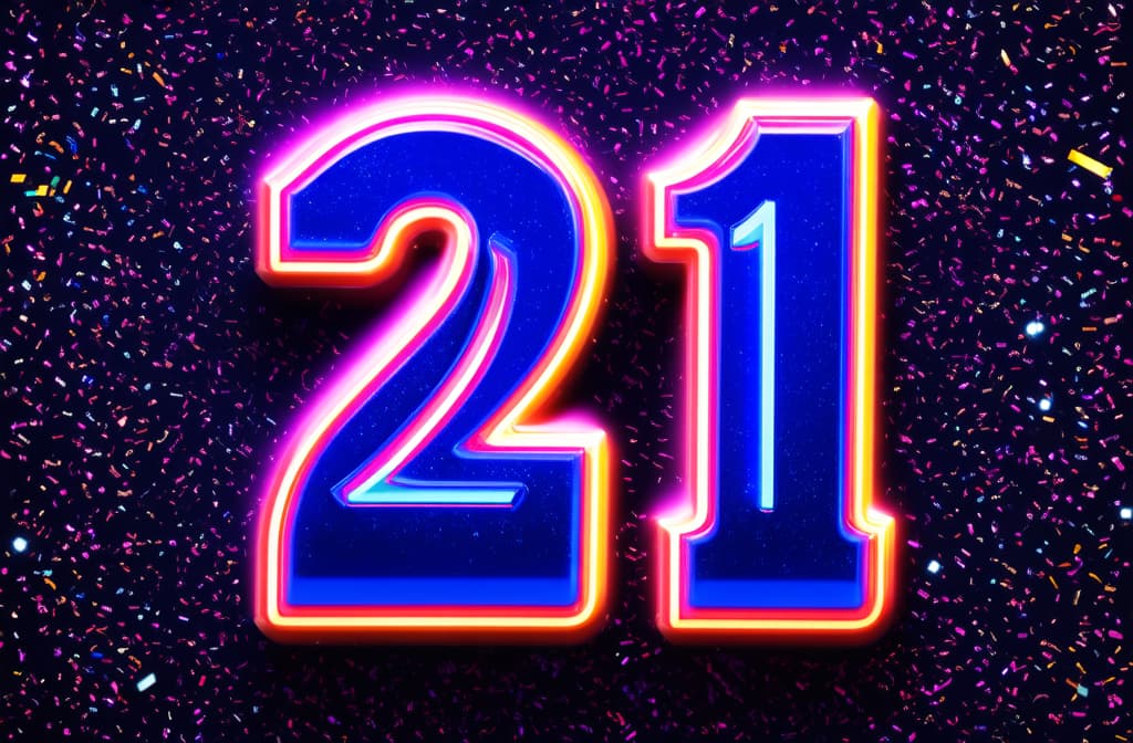  number 21 in neon purple lights with confetti and stars, festive celebration ar 3:2 {prompt}, maximum details